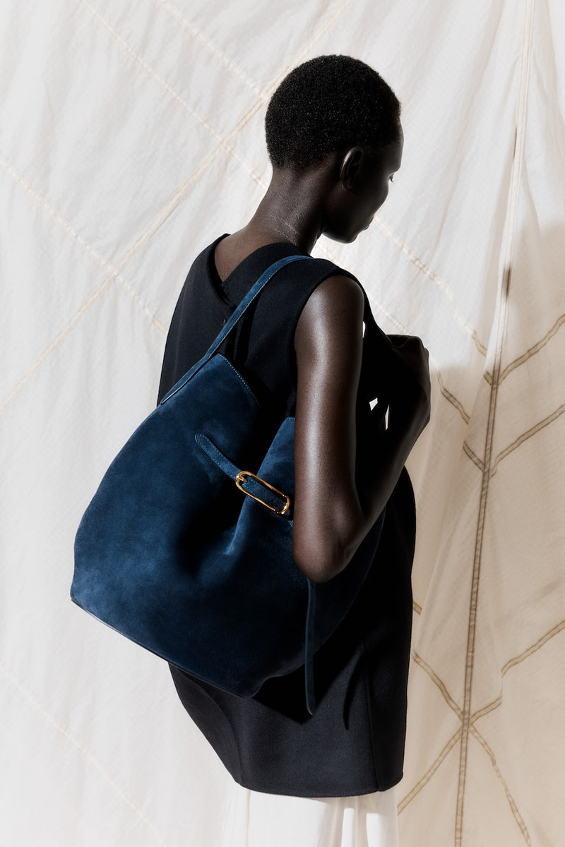 Belted Bucket Bag Large Navy Suede