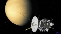 An artist's illustration of NASA's Cassini spacecraft flying by Venus on June 24, 1999.