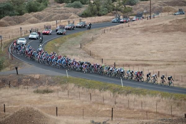 The peloton rides toward Modesto.