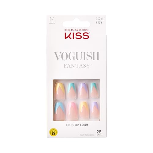 Kiss Voguish Fantasy, Press on Nails, Nail Glue Included, 'disco Ball', Multicolor, Medium Size, Coffin Shape, Includes 28 Nails, 2g Glue, 1 Manicure Stick, 1 Mini File