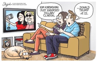 Editorial cartoon U.S. 2016 election Kim Kardashian endorsement Hillary Clinton