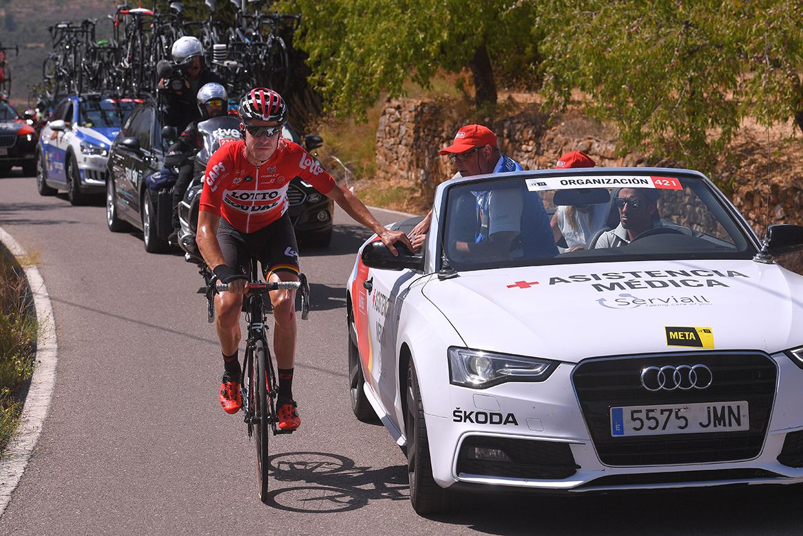 Jelle Wallays (Lotto Soudal) gets medical attention after a crash