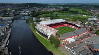 An aerial view of the City Ground is seen prior to the Sky Bet Championship Play-Off Semi Final 2nd Leg match between Nottingham Forest and Sheffield United at City Ground on May 17, 2022 in Nottingham, England.