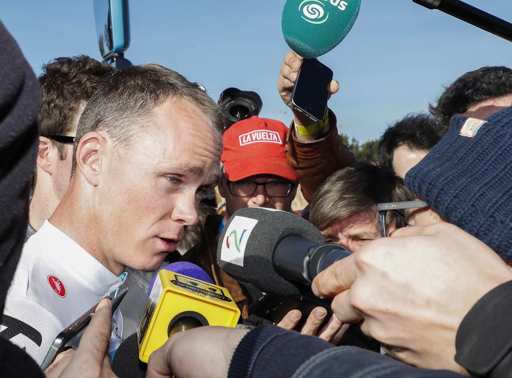 Chris Froome takes questions before the start of stage 1 at Ruta del Sol