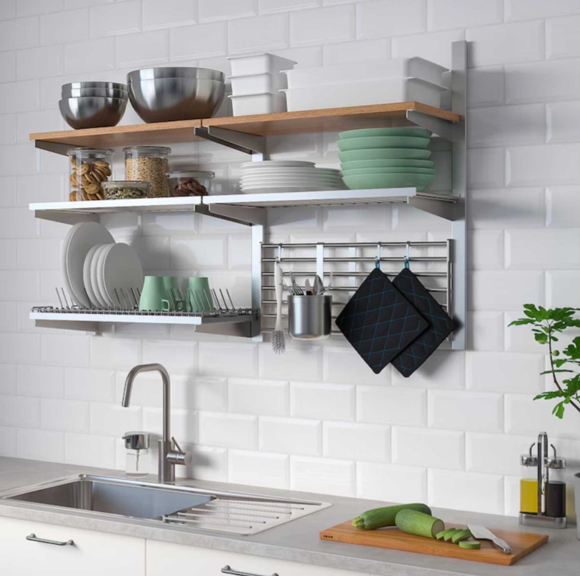 white kitchen with wall-mounted storage unit