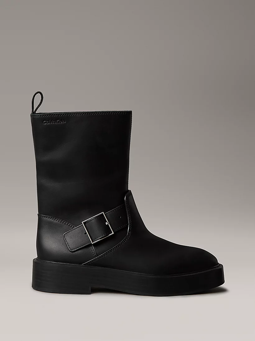 Leather Stacked Heel Biker Boots