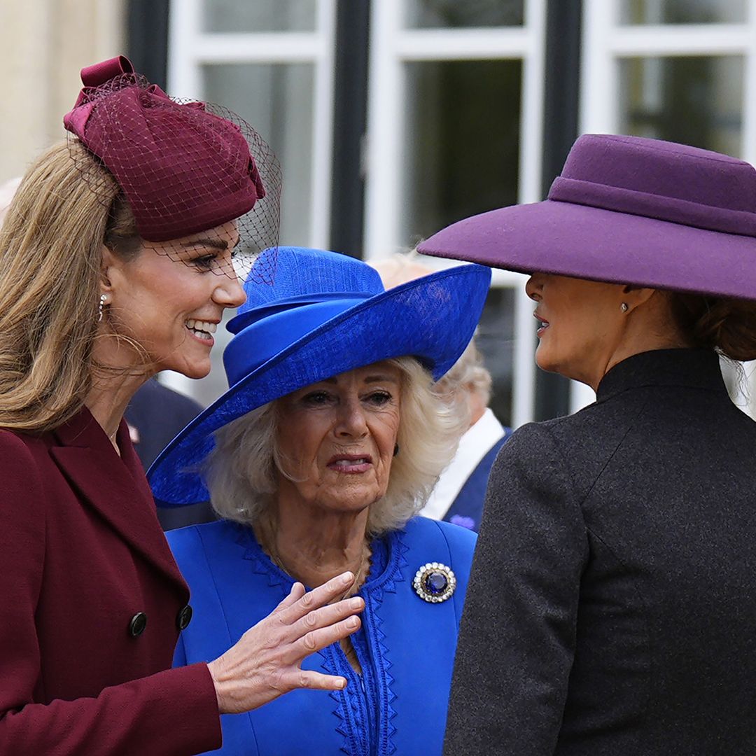 WINDSOR, ENGLAND - SEPTEMBER 17: (L-R) Catherine, Princess of Wales, Queen Camilla and First Lady Melania Trump arrive for a state visit at Windsor Castle on September 17, 2025 in Windsor, England. (Photo by Aaron Chown - WPA Pool/Getty Images)