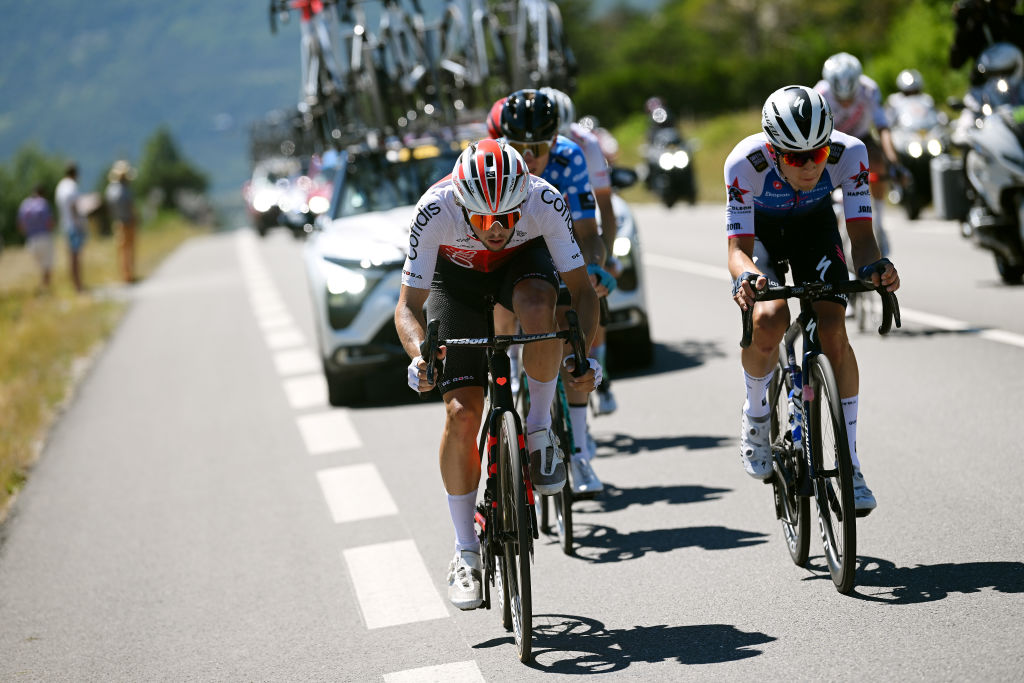 GAP FRANCE JUNE 10 LR Victor Lafay of France and Team Cofidis and Andrea Bagioli of Italy and Team QuickStep Alpha Vinyl compete in the breakaway during the 74th Criterium du Dauphine 2022 Stage 6 a 1964km stage from Rives to Gap 742m WorldTour Dauphin on June 10 2022 in Gap France Photo by Dario BelingheriGetty Images