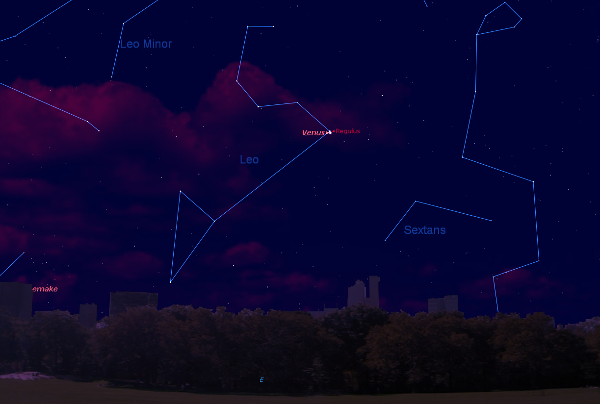 This sky map shows the location of brilliant planet Venus and the bright star Regulus in the pre-dawn sky on Oct. 3, 2012, as viewed from mid-northern latitudes. 