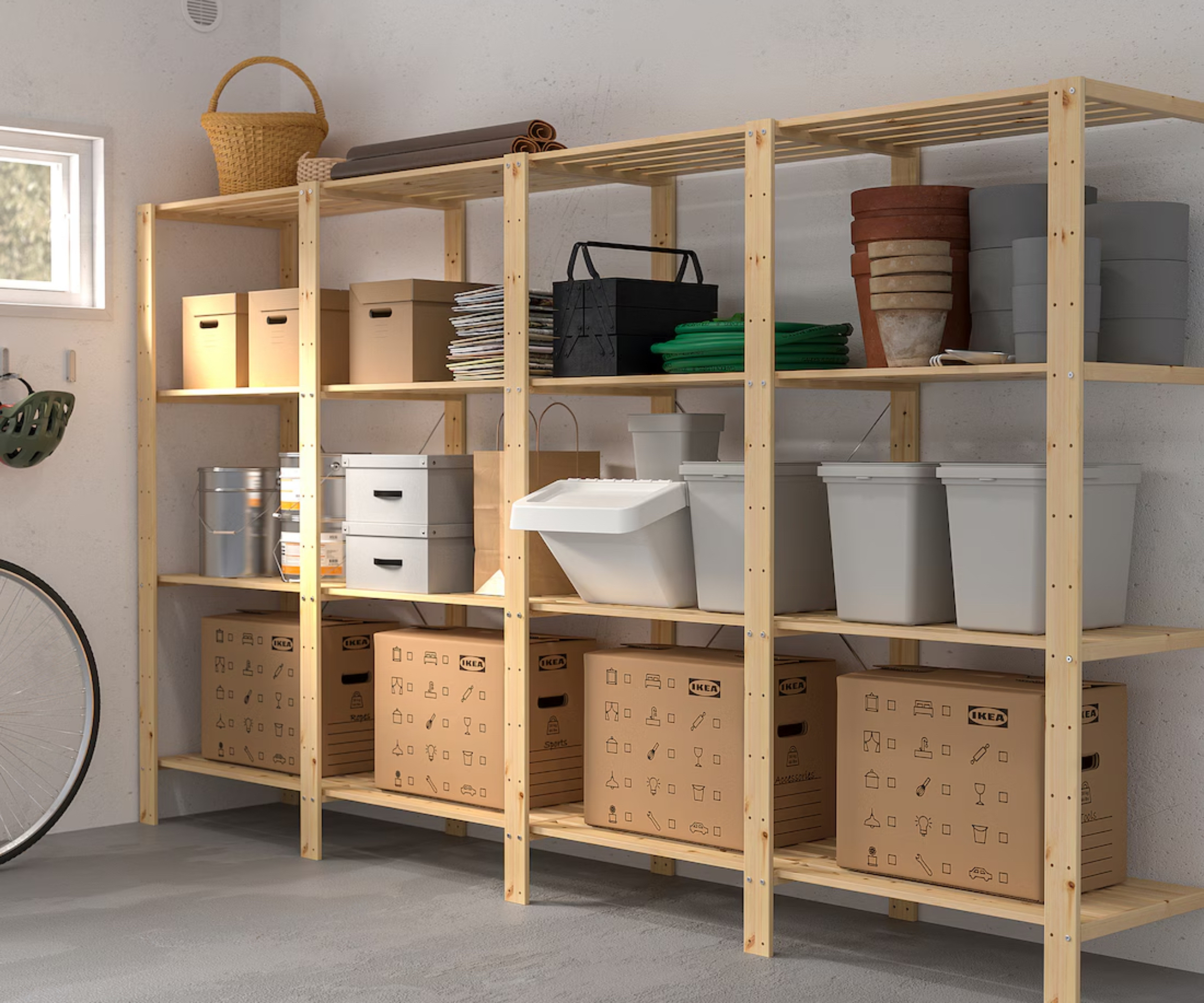 wooden storage shelving unit in garage