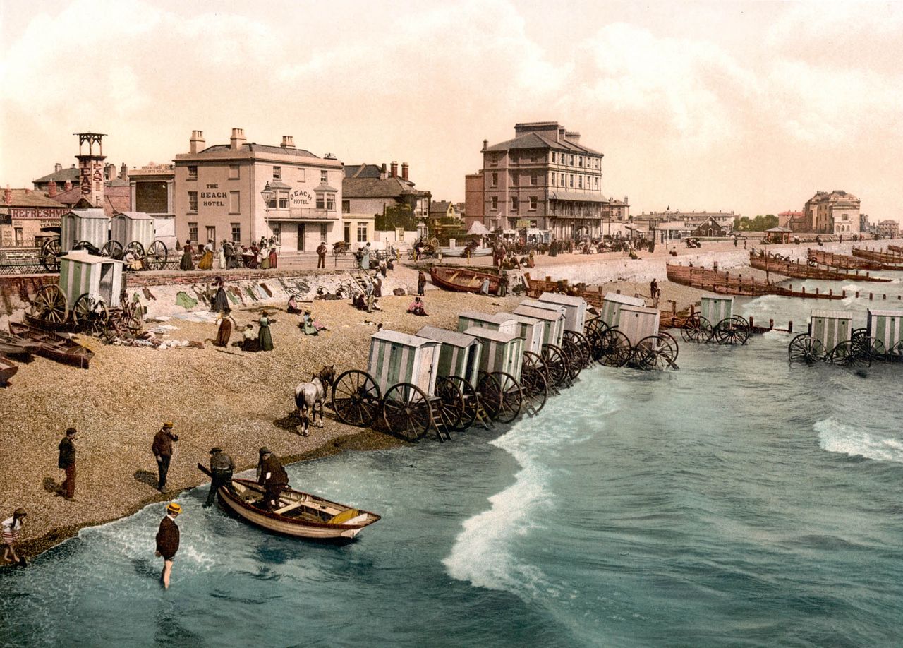 Fig 1: Sussex bathing machines, such as these at Bognor Regis, had huge wheels to cope with the sloping shore.