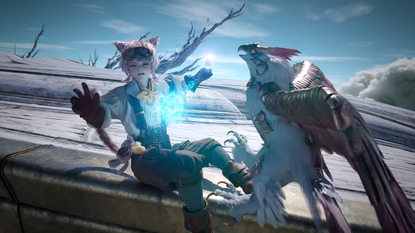 Screenshot from Final Fantasy 14 Evercold's extended reveal trailer, showing a cat-eared character shooing off a big, armored bird atop a cliffside.