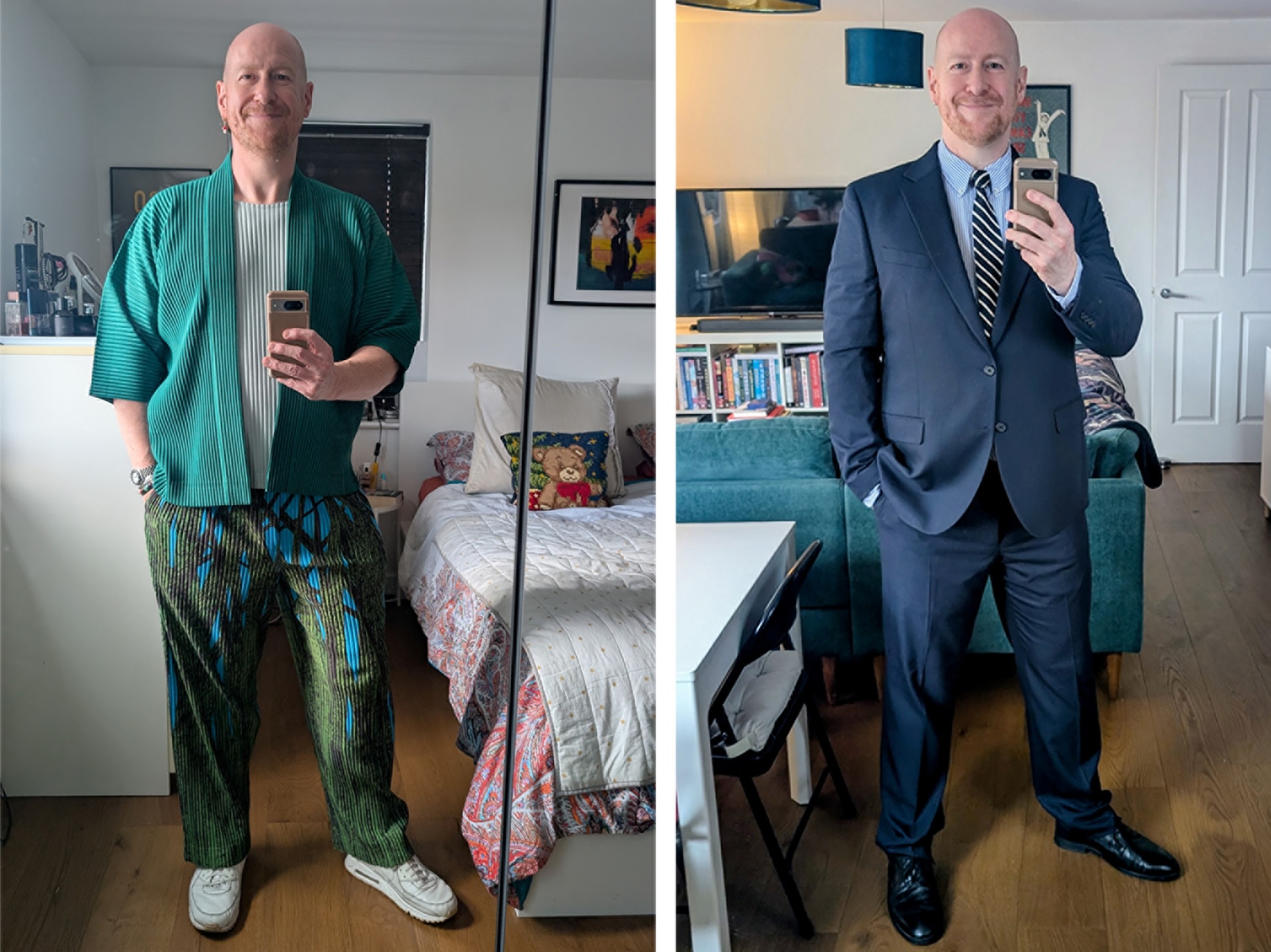 Two photographs of Hugh Smithson-Wright, side-by-side. In one he&#039;s in a green pleated co-ord; in the other he is in a navy suit