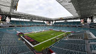 Hard Rock Stadium in Miami Gardens, Fla., just ahead of the 2021 NCAA college football national championship game between Alabama and Ohio State.