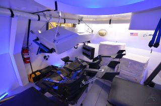 View inside Boeing's mockup of its CST-100 commercial capsule designed to take astronauts to low Earth orbit.