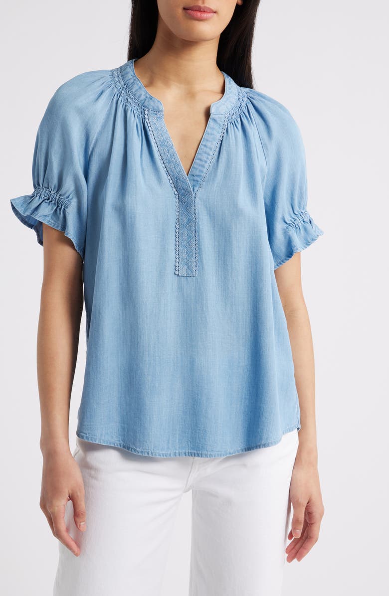 Smocked Embroidered Chambray Top