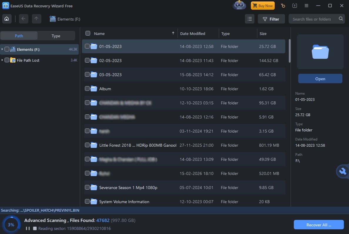 EaseUS scan in progress