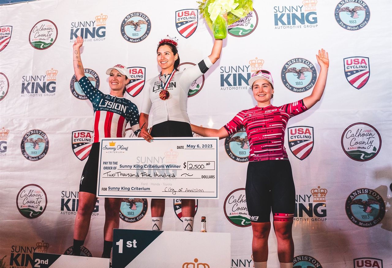 2023 Sunny King Criterium women's pro podium (L to R): Kendall Ryan (L39ION of Los Angeles) second place, winner Lizbeth Salazar (L39ION of Los Angeles) and Sarah van Dam (DNA Pro Cycling) third