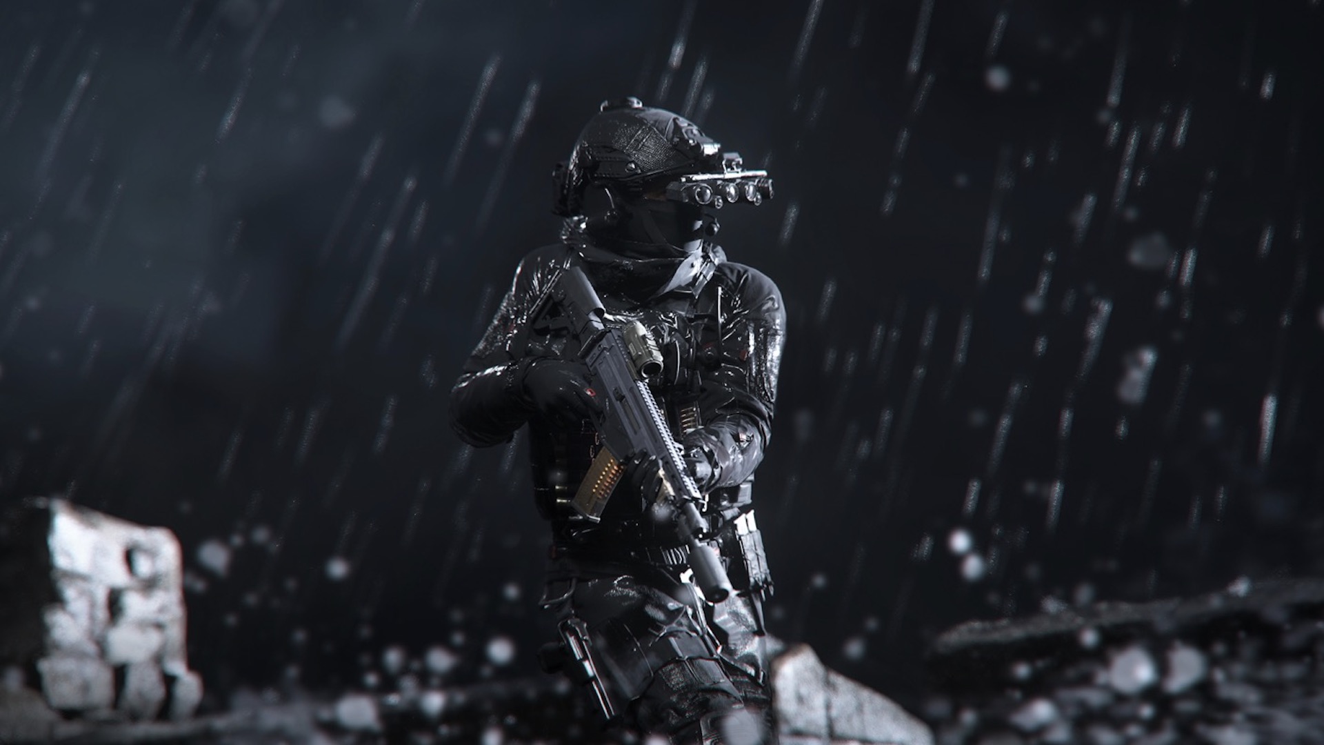 A soldier stands in the pouring rain in Modern Warfare 3's campaign