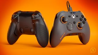 The latest SCUF Valor Pro Wired Performance Controller in gray with orange accents.