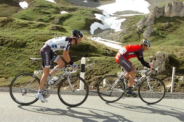 Lance Armstrong (Radioshack) on the attack with Frank Schleck.