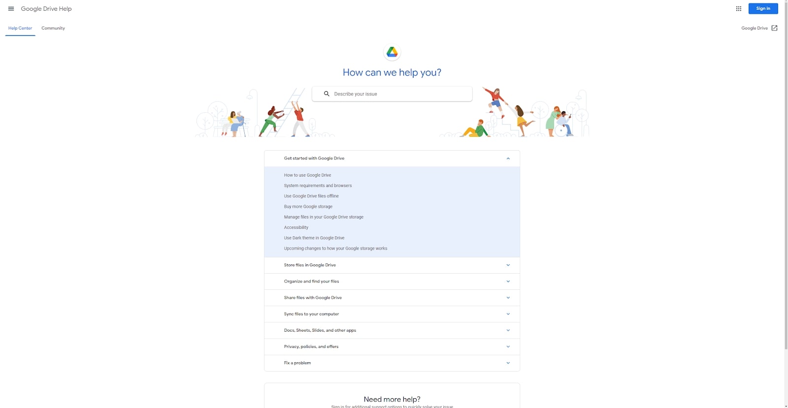 Google Drive's support webpage