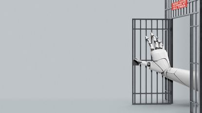 Illustration of a robot hand pushing open a prison cell door