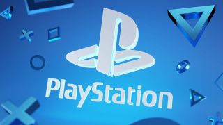 PlayStation-Logo auf blauem Hintergrund, umgeben von PlayStation-Symbolen