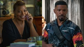 From left to right: Queen Latifah talking on a phone smiling in Hustle and Jamie Foxx looking to his right in Day Shift.