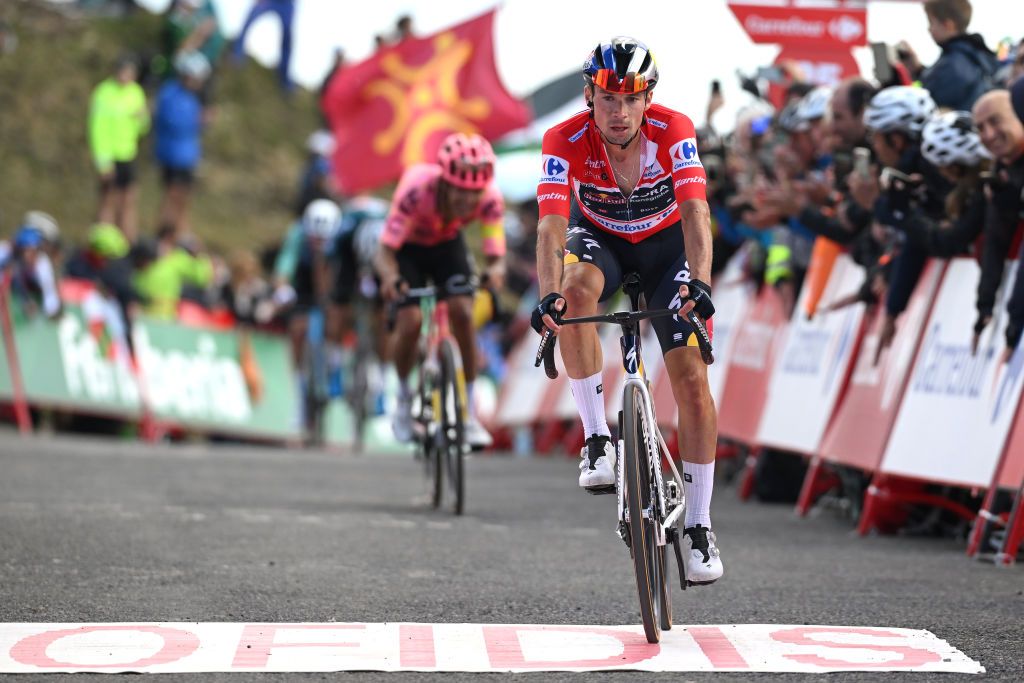 PICON BLANCO BURGOS SPAIN SEPTEMBER 07 Primoz Roglic of Slovenia and Team Red Bull Bora hansgrohe Red Leader Jersey crosses the finish line during the La Vuelta 79th Tour of Spain 2024 Stage 20 a 172km stage from Villarcayo to Picon Blanco 1491m UCIWT on September 07 2024 in Picon Blanco Burgos Spain Photo by Dario BelingheriGetty Images