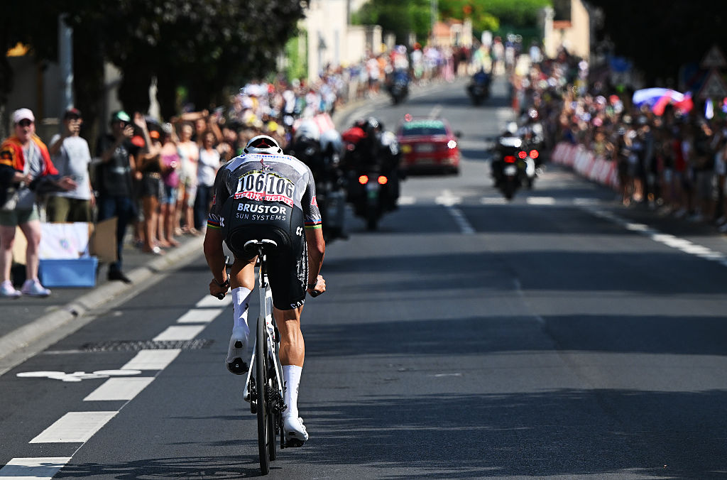 CHATEAUROUX, FRANCE - JULY 13: Mathieu Van Der Poel of Netherlands and Team Alpecin - Deceuninck competes in the breakaway during the 112th Tour de France 2025, Stage 9 a 174.1km stage from Chinon to Chateauroux ) / #UCIWT / on July 13, 2025 in Chateauroux, France. (Photo by Dario Belingheri/Getty Images)