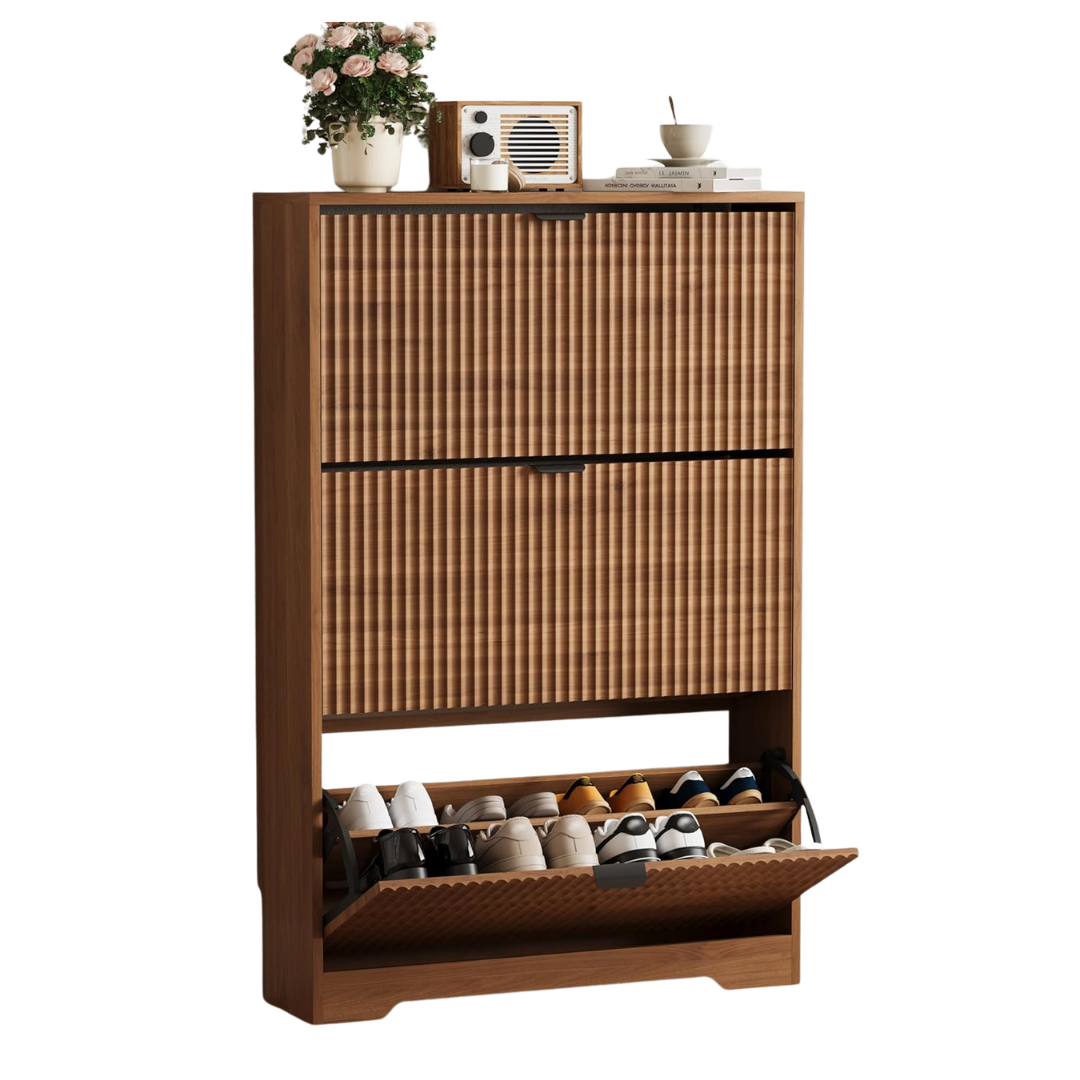 Shoe Cabinet Storage for Entryway With 3 Flip Drawers, Walnut Fluted Shoe Cabinet With Adjustable Shelves, Wooden Hidden Shoe Rack Freestanding Narrow Slim Shoes Storage for Hallway, Entrance