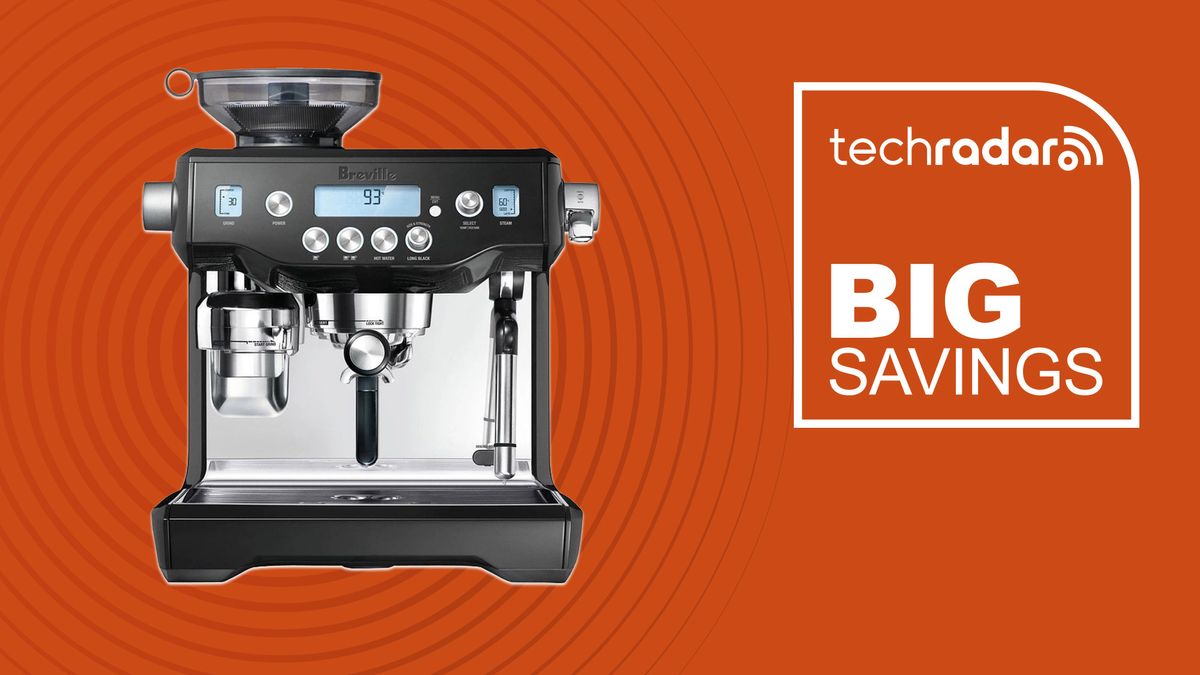 Breville the Oracle coffee machine on orange background with TechRadar logo and &quot;Big Savings&quot; text in white