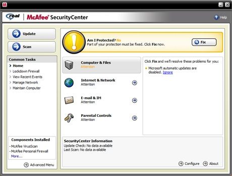 Here you can see the McAfee Security Center from which you can work with McAfee's Virus Scan and Personal Firewall Plus.