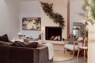 neutral living room with a fireplace