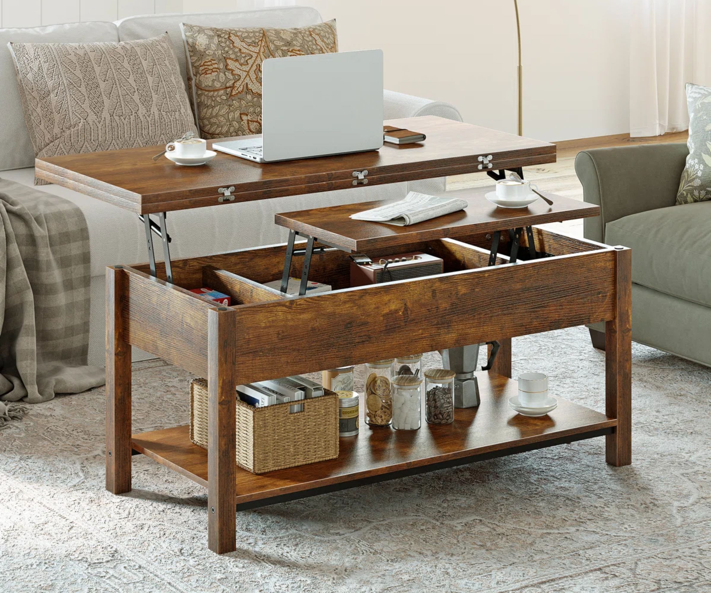 A wooden coffee table folded up into a sofa desk in a living room.
