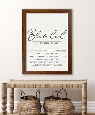 Framed typography print on wall with 'blended' description