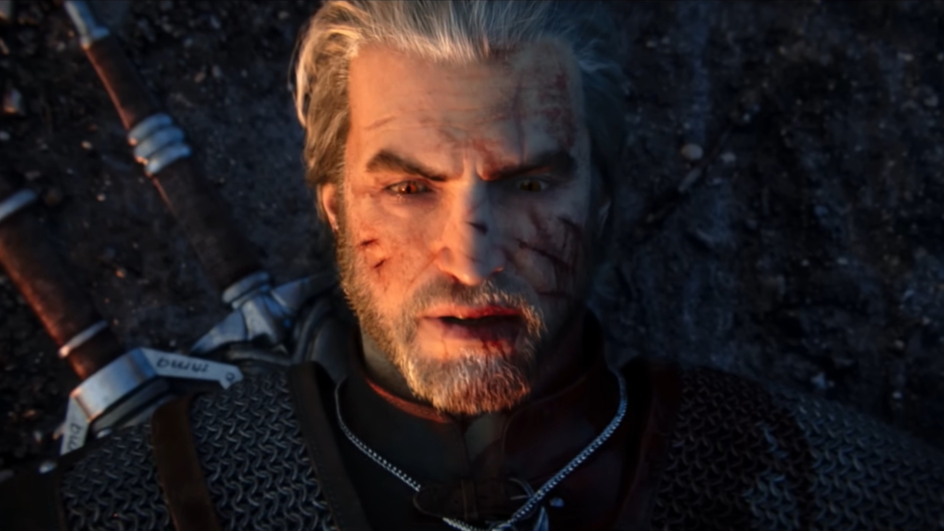 Geralt with a bloody lip lies on the ground