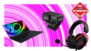 The Razer Blade 16 gaming laptop, the Elgato Facecam MK.2 webcam, and the HyperX Cloud Alpha wireless headset float in the pink swirling PC Gamer recommended badge void.