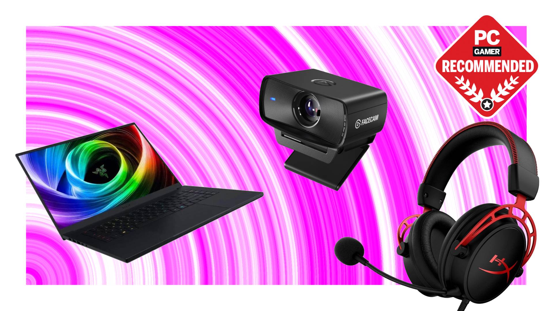The Razer Blade 16 gaming laptop, the Elgato Facecam MK.2 webcam, and the HyperX Cloud Alpha wireless headset float in the pink swirling PC Gamer recommended badge void.