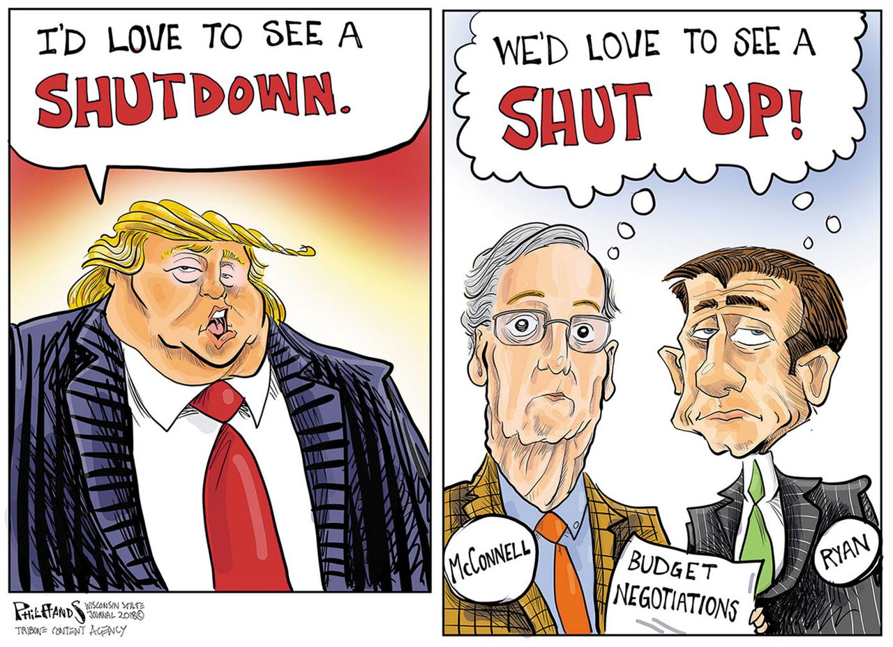 Political cartoon U.S. Trump budget deal government shutdown Mitch McConnell Paul Ryan