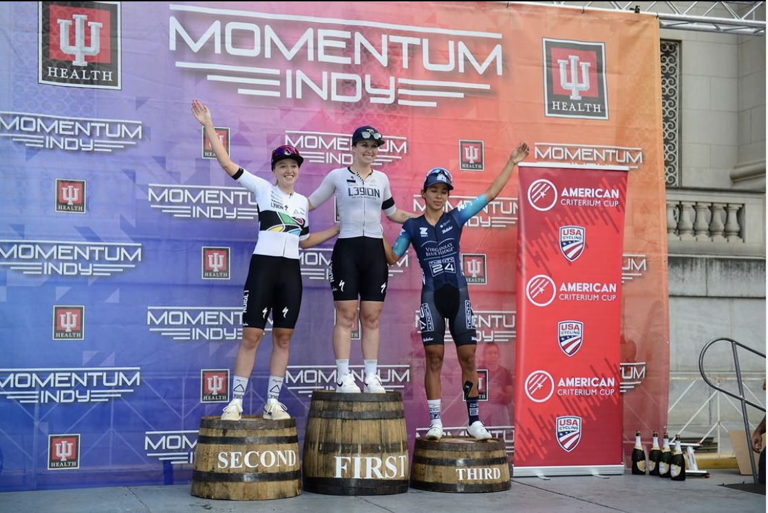 Pro women&#039;s podium for 2023 IU Health Momentum Indy Denver Littleton Twilight Criterium