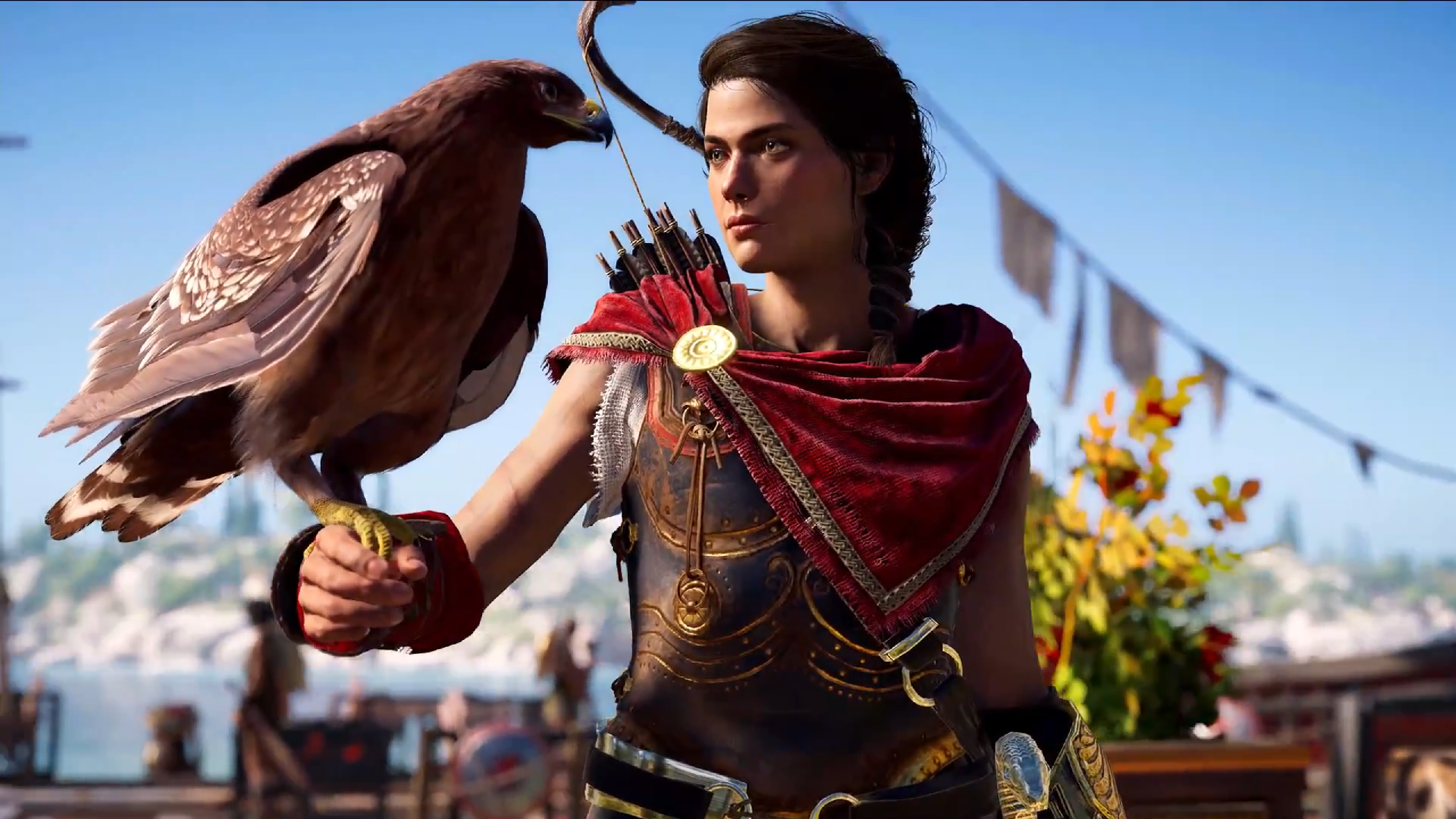 Assassin's Creed Odyssey, Kassandra holding her eagle Ikaros- Best PS4 Pro games