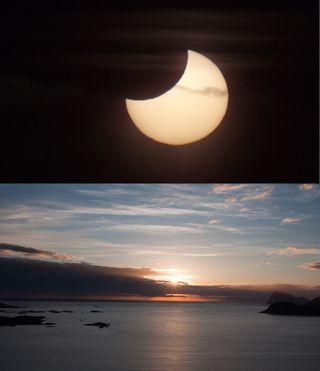 Photographer and skywatcher Bernt Olsen snapped this view of the partial solar eclipse of June 1-2, 2011 just during the "midnight sun" in Tromso, Norway. The partial solar eclipse was dubbed a "midnight" eclipse as its viewing path crossed the International Date Line across far northern latitudes.