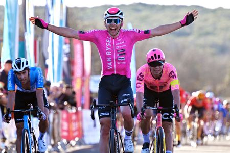 MEJANNESLECLAP FRANCE FEBRUARY 03 Samuel Leroux of France and Team Van Rysel Roubaix C celebrates at finish line as stage winner ahead of LR Dries De Bondt of Belgium and Decathlon AG2R La Mondiale Team and Stefan Bissegger of Switzerland and Team EF Education EasyPost during the 54th Etoile de Besseges Tour du Gard Stage 4 a 15848km stage from MejannesleClap to MejannesleClap on February 03 2024 in MejannesleClap France Photo by Luc ClaessenGetty Images