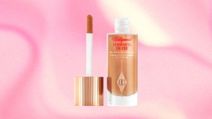 A picture of Charlotte Tilbury Hollywood Flawless Filter on a pink and cream, grainy abstract template