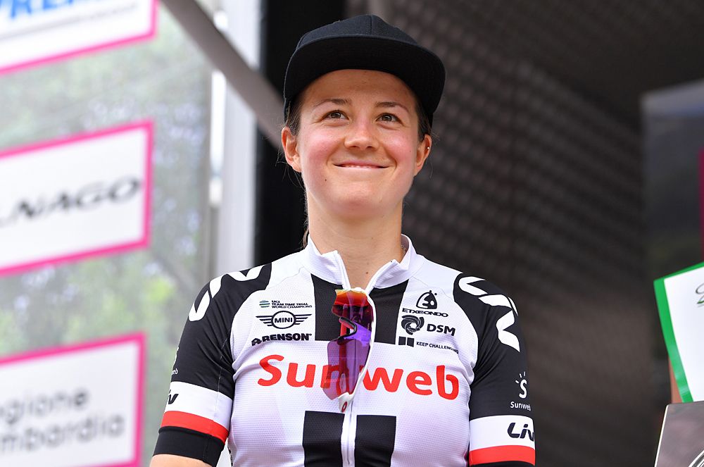 Ruth Winder (Sunweb) on the podium as the stage 5 winner at the Giro Rosa