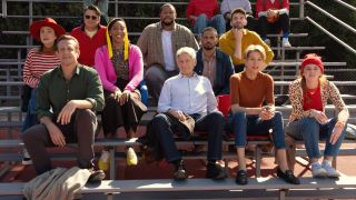 From left to right: The cast of Shrinking sitting on bleachers. The back row (from left to right) features Ted McGinley, Luke Tennie and Michael Urie. The middle row (from left to right) features Christa Miller, Jessica Williams and Damon Wayans Jr. The front row (from left to right) features Jason Segel, Harrison Ford, Wendie Malick and Rachel Stubington.