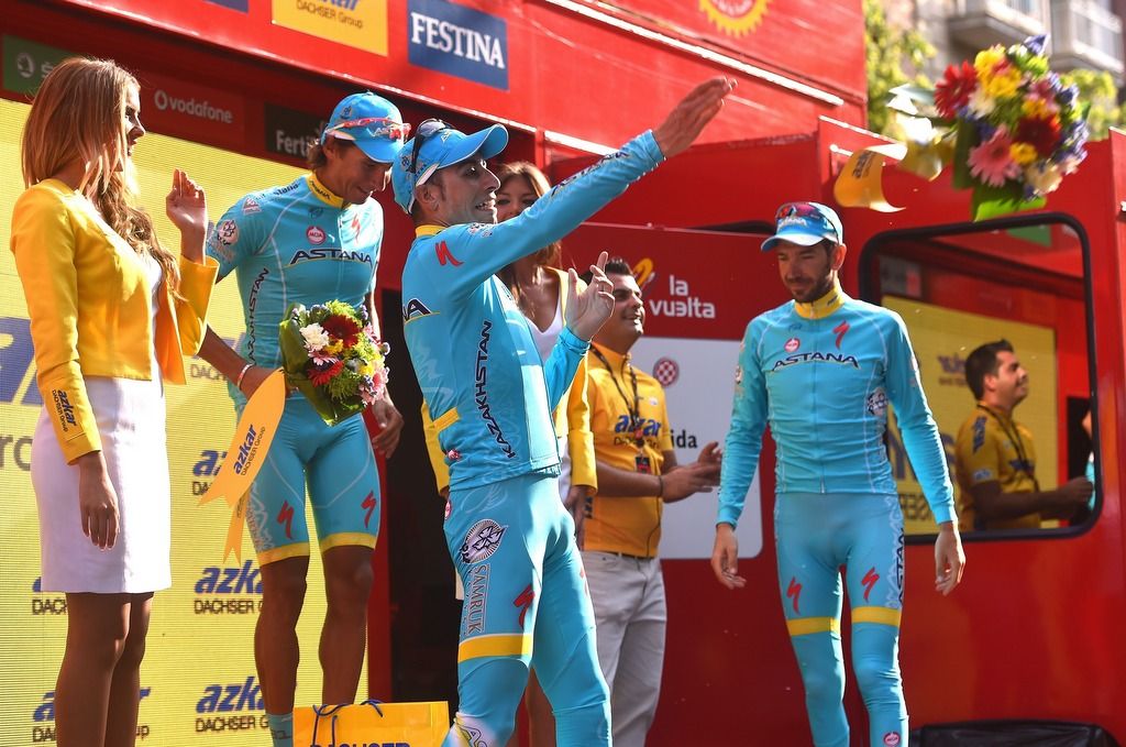 Fabio Aru having fun on the podium