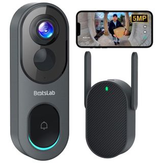 Botslab black video doorbell with has rounded vertical design and speaker with arms llus a screenshot of the video feed in action on a horizontal iPhone